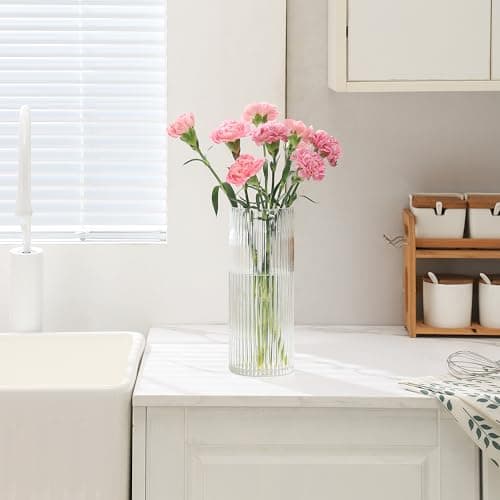 YANWE1 Clear Glass Vase, Glass Flower Vase, Ribbed Glass Vase, Clear Vase, Tall Cylinder Glass Vases for Centerpieces, Living Room, Dining Table, Office, Wedding, Bookshelf Decoration, 9.8 Inches thumbnail 4