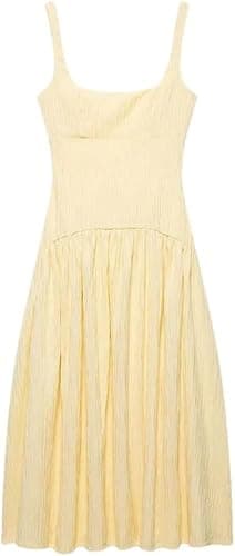 UHKOIXDFGQA Open Back Textured Midi Dress Square Neck Straps Sleeveless Casual Summer Skirt for Women Elegant Slim Fit Outfit thumbnail 2