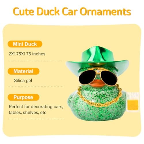 wonuu Car Decorations Beer Rubber Ducks, Dashboard Rubber Ducky for Car Ornament Cute Duck with Laser Cowboy Hat, Glasses, Necklace, Golden Beer-Green thumbnail 2
