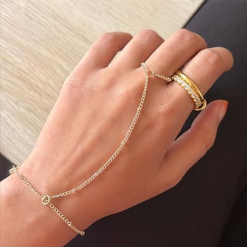 3PCS 14K Gold-Plated Hand Chain Bracelets for Women, Stack Bracelets Set Adjustable, Dainty Ring Bracelet Hand Chain thumbnail 4