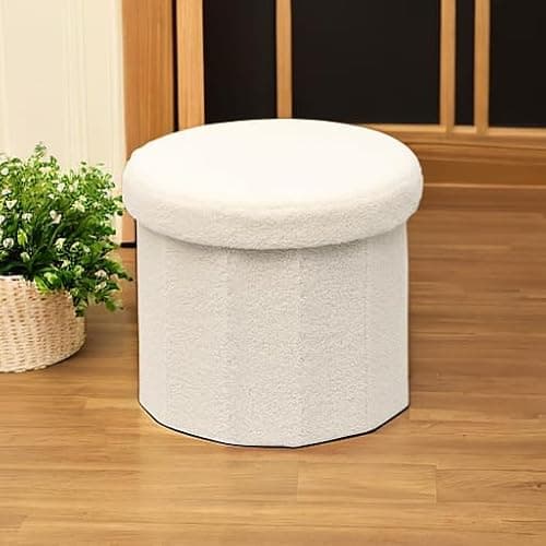 B FSOBEIIALEO Storage Ottoman Cube, Round Ottomans with Storage Foot Stool Footrest for Lving Room, Boucle Ottoman Seat for Dorm Room,Faux Teddy Fur, White 15"x15"x13.19" thumbnail 2