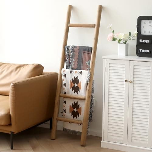 FUIN 57in Wood Blanket Ladder Living Room Decorative Wall Leaning Farmhouse Quilt Display Holder Rustic Wooden Towel Rack for Bathroom, Brown thumbnail 6