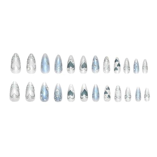 Mkwntg 24Pcs Blue Ombre Press on Nails Medium Almond Fake Nails with 3D Butterfly Pearl Rhinestones Design Silver Heart Star Bow Acrylic False Nails Y2K Full Cover Glue on Nails for Women Summer Decor thumbnail 4