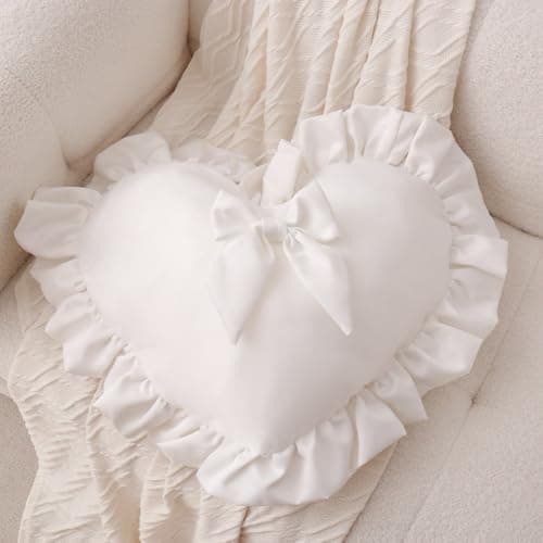 Jiuqianli Heart Pillow,Velvet Ruffed Love Bow Heart Shaped Throw Pillows Home Decoration Cushion for Sofa Bed Living Room (White) - Image 1