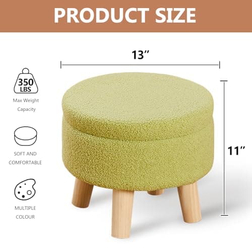 Wimarsbon Storage Ottoman, Modern Round Footrest with Soft Padded Seat, Teddy Velvet Footstool with Wood Legs, Accent Small Table or Plant Stand for Hallway, Living Room (Brilliant Green) thumbnail 3
