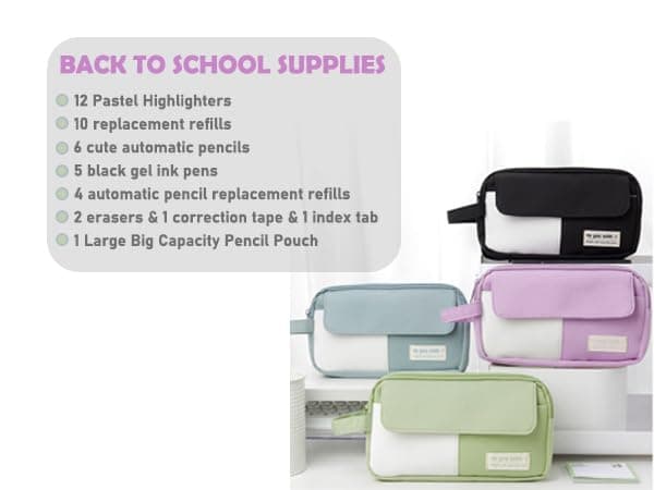 42 Pcs Aesthetic School Supplies with Cute Pencil Case, 12 Highlighters, 5 Black Ink Gel Pens, 6 Mechanical Pencils, Big Capacity Pencil Pouch, Stationary Set for Student, Gift Back to School thumbnail 8