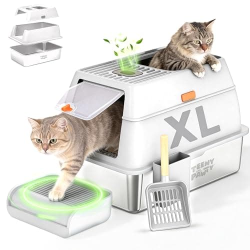 XL Stainless Steel Cat Litter Box with Enclosure and Pooper Scooper - Durable Black Metal Litter Box for Big Cats, High Sides for Anti-Leakage, Never Absorbs Odors, Non-Sticky - (60x40cm) (White) - Image 1