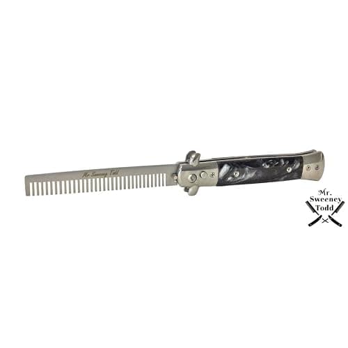 Stainless Steel Switchblade Foldable Comb (Black) - Push Button - Mr Sweeney Todd Flick Comb/Display Box thumbnail 2