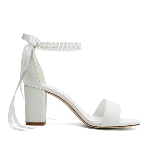 YWXYMGE Block Heel Wedding Shoes for Bride Women Chunky Heeled Sandals Pearl Bridal Shoes thumbnail 4