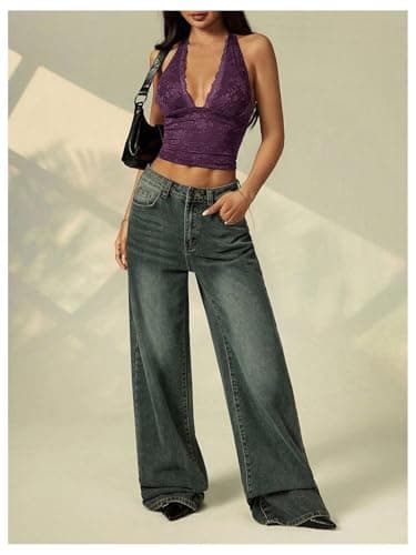 RoseSeek Women's Floral Lace Deep V Neck Halter Tops Y2K Backless Going Out Crop Tank Top Purple Petite-XL thumbnail 4