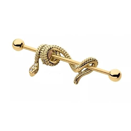 Pierced Owl 14GA 316L Stainless Steel CZ Crystal Dangling Snake Industrial Barbell - Image 1
