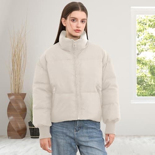 SXGYH Women’s Winter Cropped Puffer Jacket Coat Casual Quilted Baggy Long Sleeve Zip Down Jackets Outerwear (US, Alpha, X-Large, Regular, Regular, White) thumbnail 6