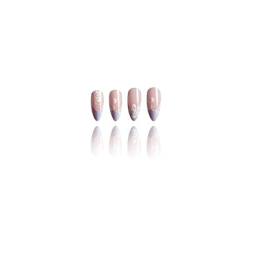 SWEKKE Short Almond Press-On Nails - Blue French Tip With White Flower Design - Glossy Stick-On Acrylic Nails for Women and Girls - 24 Pieces thumbnail 5