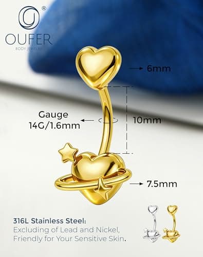 OUFER 14G Heart Belly Button Rings made of 316L Surgical Steel, Minimalist Star Gold Belly Piercing Jewelry, Romantic Navel Rings for Women thumbnail 6
