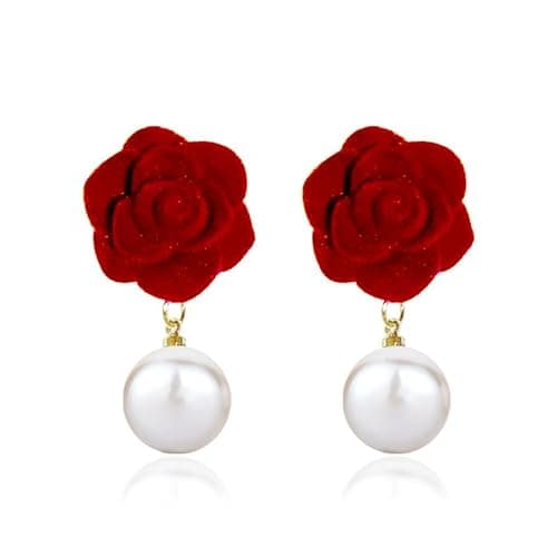 Elegant Floral Clip on Earrings for Women Vintage Red Velvet Rose Flower Pearl Dangle Earrings Non Pierced Plant Camellia Statement Earrings Jewelry - Image 1