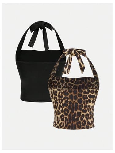 Floerns Girl's 2 Pcs Sleeveless Halter Top Leopard Print Ruched Y2k Tank Top Black Multi 8Y thumbnail 2