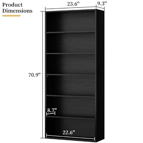 Shintenchi Bookshelf,6-Tier Open Bookcase and Bookshelves,6 Shelf Display Storage Shelves Floor Standing 70.6 inches Tall Bookcase for Home Office, Living Room (Black) thumbnail 3