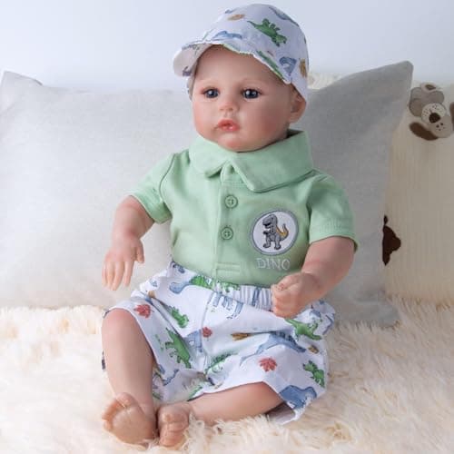 3 Pcs Reborn Baby Doll Clothes for 18-22 Inch Reborn Dolls Newborn Baby Boy Clothes Green Dinosaur Outfit Accessories Fashion Shirt&Shorts&Hat thumbnail 5