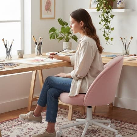 EnHomee Vanity Chair with Wheels, Pink Desk Chair with Back, Small Office Chair Armless for Makeup Room, Bedroom, Home Office thumbnail 5