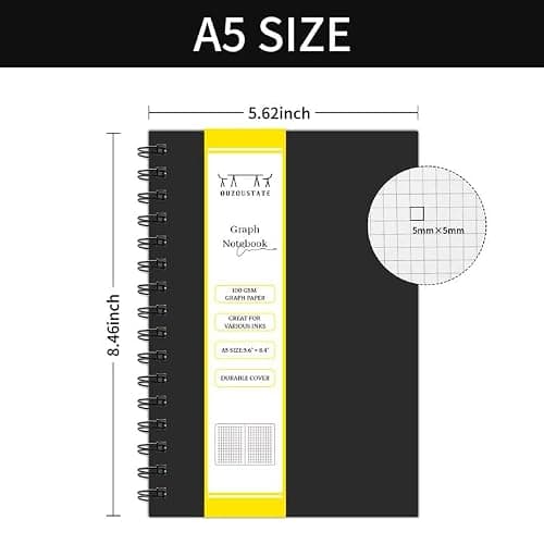 Ouzoustate Graph Paper Spiral Notebook A5 Grid Journal 5.62"x 8.4" - 4 Pack 160 Pages 100GSM Thick Paper Hardcover Notebooks for Note Taking Engineering Graphing Work School Supplies,Black thumbnail 3