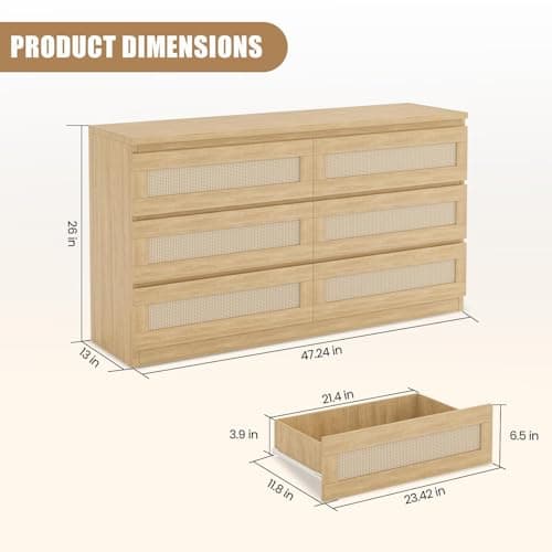 GarveeHome Rattan Dresser for Bedroom with 6 Drawers, 47 in Modern Farmhouse Wide Chest of Drawers, Wood Storage Cabinet Organizer for Closet, Living Room, Hallway thumbnail 8