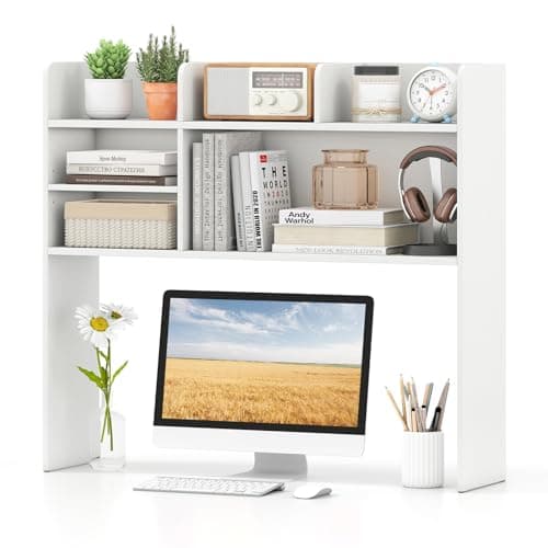 Tangkula Desktop Bookshelf for Computer Up to 32”, 37” Countertop Storage Hutch with 6 Storage Shelves, 3-Tier Desktop Organizer Display Rack, Wooden Desk Hutch for Dorm Home Office (White) - Image 1