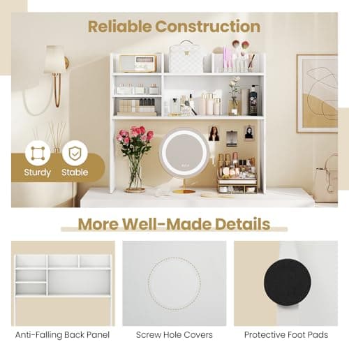 Tangkula Desktop Bookshelf for Computer Up to 32”, 37” Countertop Storage Hutch with 6 Storage Shelves, 3-Tier Desktop Organizer Display Rack, Wooden Desk Hutch for Dorm Home Office (White) thumbnail 9