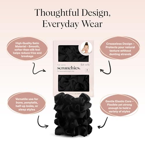 Kitsch Satin Scrunchies for Women - No Crease, Frizz Control | Softer Than Silk Scrunchies Gentle On Hair Scrunchies for All Hair Types | Stylish Hair Accessories College Essentials - Black, 5pcs thumbnail 4