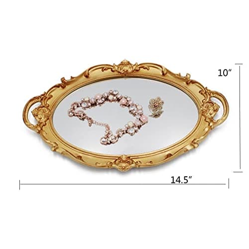 Funerom Vintage 36.8 x 25.4 cm Gold Mirror Tray Decorative Tray Bathroom Tray Serving Tray Oval thumbnail 3