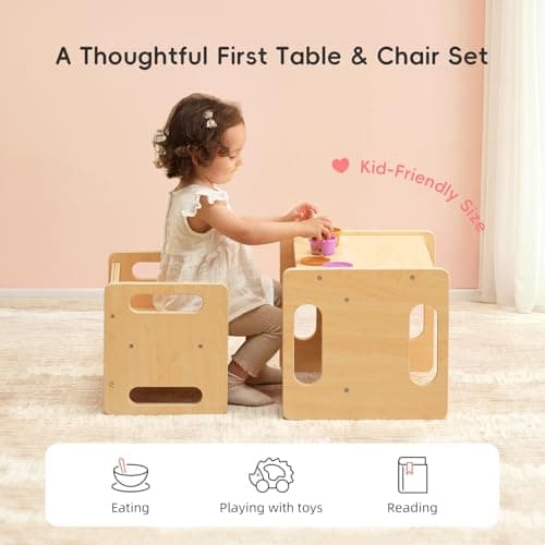 OOOK Montessori Weaning Table and Chair Set, Kids Activity Table and Chair Set with Fence for Read, Play Toys, Snack Time, Step Stool, 1-3 Year Old Kids Montessori Furniture thumbnail 2