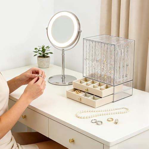 Greenfeather Jewelry Organizers and Storage, Clear Acrylic Jewelry Box with 40 Necklace Hooks 120 Pairs of Earring Holes 2 Velvet-Lined Drawers for Rings Necklaces Earrings thumbnail 5