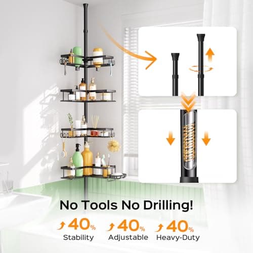HAMITOR Shower Caddy Tension Pole: 4-Tier Corner Rustproof Bathroom Organizer with Soap Holder & Hooks - No-Drill Adjustable Shower Shelf for Renters - Family Stand Storage Rack - 47-123 Inch Black thumbnail 3