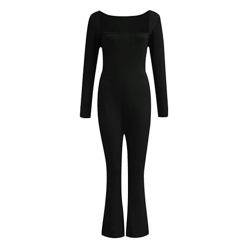 Long Sleeve Jumpsuits for Women Square Neck Wide Leg Full Length Romper Playsuit Flare Jumpsuits Black Small thumbnail 5