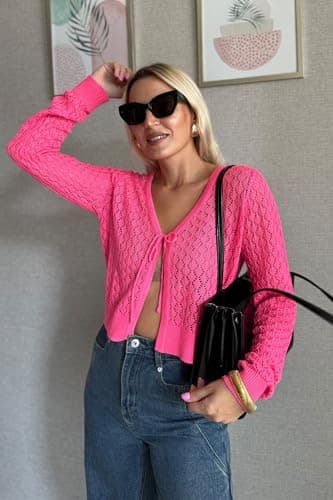 SimpleFun Going Out Cardigan Short Open Knit Long Sleeve Crochet Shrug Sweater Country Cardigan Hot Pink,L thumbnail 3