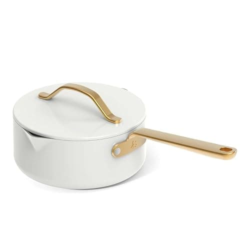 Beautiful 12pc Ceramic Non-Stick Cookware Set by Drew Barrymore, Pots & Pans with Lids, Dishwasher‑Safe,Soft‑Touch Handles, Even‑Heat Base. (White Icing) thumbnail 8
