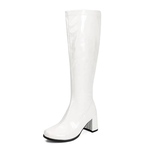Heiyom Women's Gogo Boots Knee High Chunky Heel Square Toe 60s 70s Disco Costume Tall Boots - Image 1