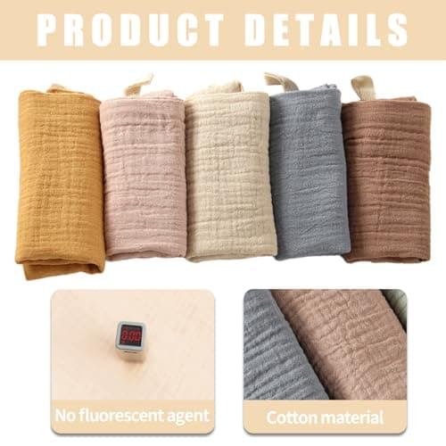 Toumett 5 Pcs Muslin Cloths for Baby, Wash Face Muslin Squares, Burp Cloths, Natural Cotton, For Newborn Baby/Boy/Girl Wiping Bathing Feeding (23x22cm) thumbnail 3