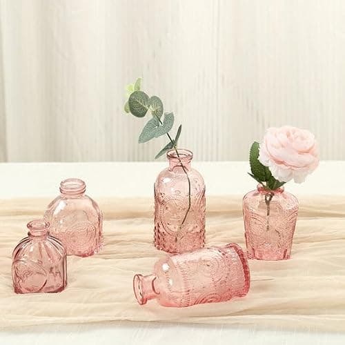 Efavormart Set of 6 Vintage Embossed Dusty Rose Glass Bud Vases, Decorative Apothecary Style Reed Diffuser Table Centerpieces thumbnail 5