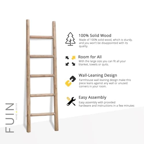 FUIN 57in Wood Blanket Ladder Living Room Decorative Wall Leaning Farmhouse Quilt Display Holder Rustic Wooden Towel Rack for Bathroom, Brown thumbnail 7