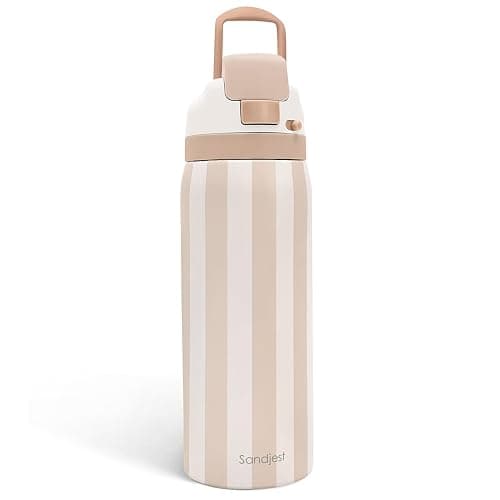 Stripe Insulated Stainless Steel Water Bottle with Straw for Sports and Travel, 32oz, Gifts for Women Girls Friends Teens Birthday Christmas (Brown) - Image 1