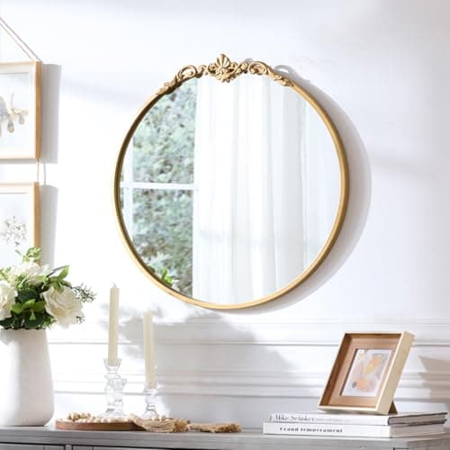 LOVNAHO Vintage Round Wall Mirror, 19 Inch Gold Frame, Baroque Arched Decorative Vanity Mirror for Bathroom, Bedroom, Hallway (Antique Gold, 19x18) - Image 1