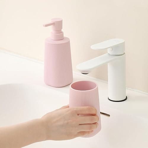 YAUKPH Bathroom Accessories 2 Piece Soap Dispenser and Toothbrush Holder Set Striped Pink thumbnail 6