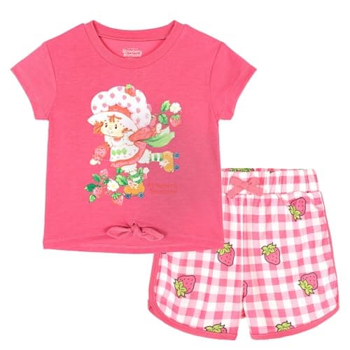 Strawberry Shortcake Big Girls Drop Shoulder T-Shirt and French Terry Dolphin Shorts Outfit Set Pink Gingham 10-12 - Image 1