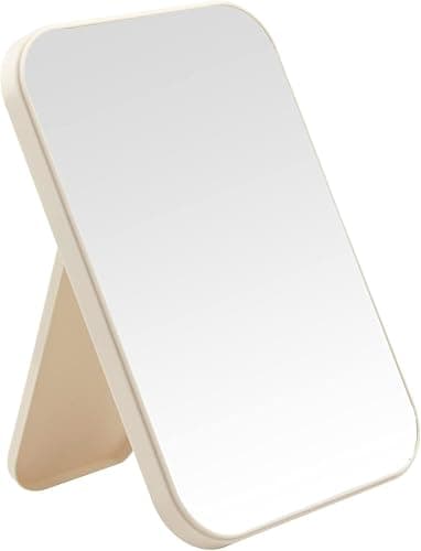 Ymemok Desktop Makeup Mirror, 8 Inch Portable Mirror, Simple Folding Makeup Mmirror with Stand, Standing Wall Hanging Double-Duty Beige - Beige - Image 1