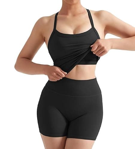 SUUKSESS Women 2 Piece Workout Sets High Waisted Tummy Control Biker Shorts Halter Padded Tank Tops thumbnail 4