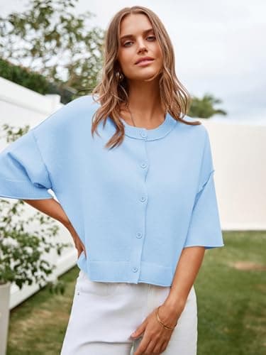 Cicy Bell Womens Half Sleeve Cardigan Sweaters Cropped Button Down Tops Oversized Lightweight Ribbed Knit Summer Outfits Sky Blue thumbnail 5