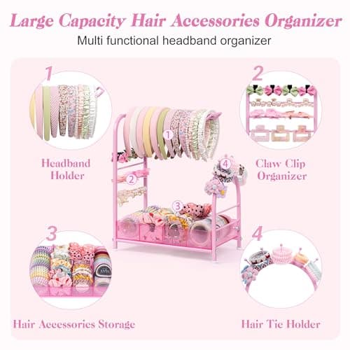 Keebofly Acrylic Hair Accessories Organizer, Versatile Headband Holder Stand for Scrunchies, Bows, Claw Clips, Hair Tie, Compact Hair Organizer Storage Container for Girls, Women, Babies, Soft Pink thumbnail 2