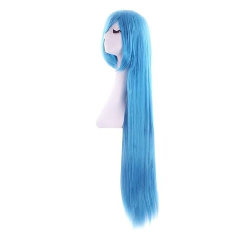 MapofBeauty 40 Inch Oblique Bangs Anime Long Straight Wig, Cyan Blue | 100 cm Cosplay Wig, Party thumbnail 2