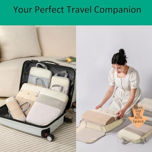 Lanmalaterra 8pcs Compression Packing Cubes Travel Packing Cubes Packing Organisers Storage Bags Clothing Sorting Packages Travel Acessories Essentials Expandable uggage-Beige thumbnail 7