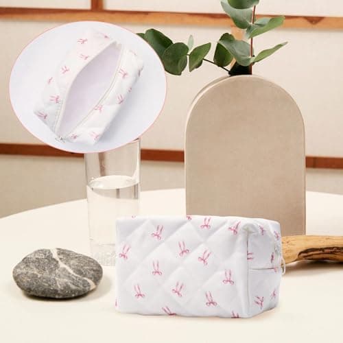 BACDOILQ Quilted Makeup Bag, Pink Bow Cotton Cosmetic Bag, Coquette Makeup Pouch for Women Girls, Aesthetic Organizer Bags Travel Toiletry Bags thumbnail 4